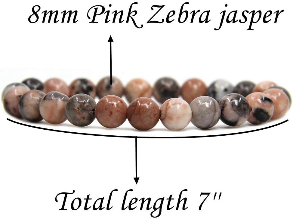 Natural Pink Zebra Jasper Gemstone 8mm Ball Beads Stretch Bracelet 7inch Unisex
