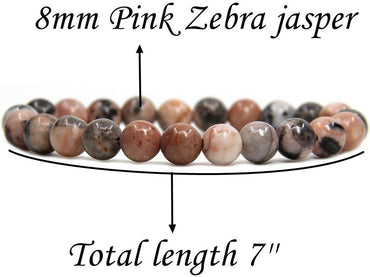 Natural Pink Zebra Jasper Gemstone 8mm Ball Beads Stretch Bracelet 7inch Unisex