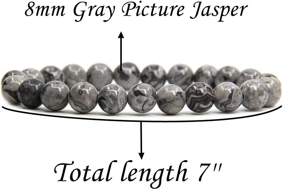 Natural Gray Picture Jasper Gemstone 8mm Ball Beads Stretch Bracelet 7inch Unisex