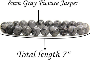Natural Gray Picture Jasper Gemstone 8mm Ball Beads Stretch Bracelet 7inch Unisex