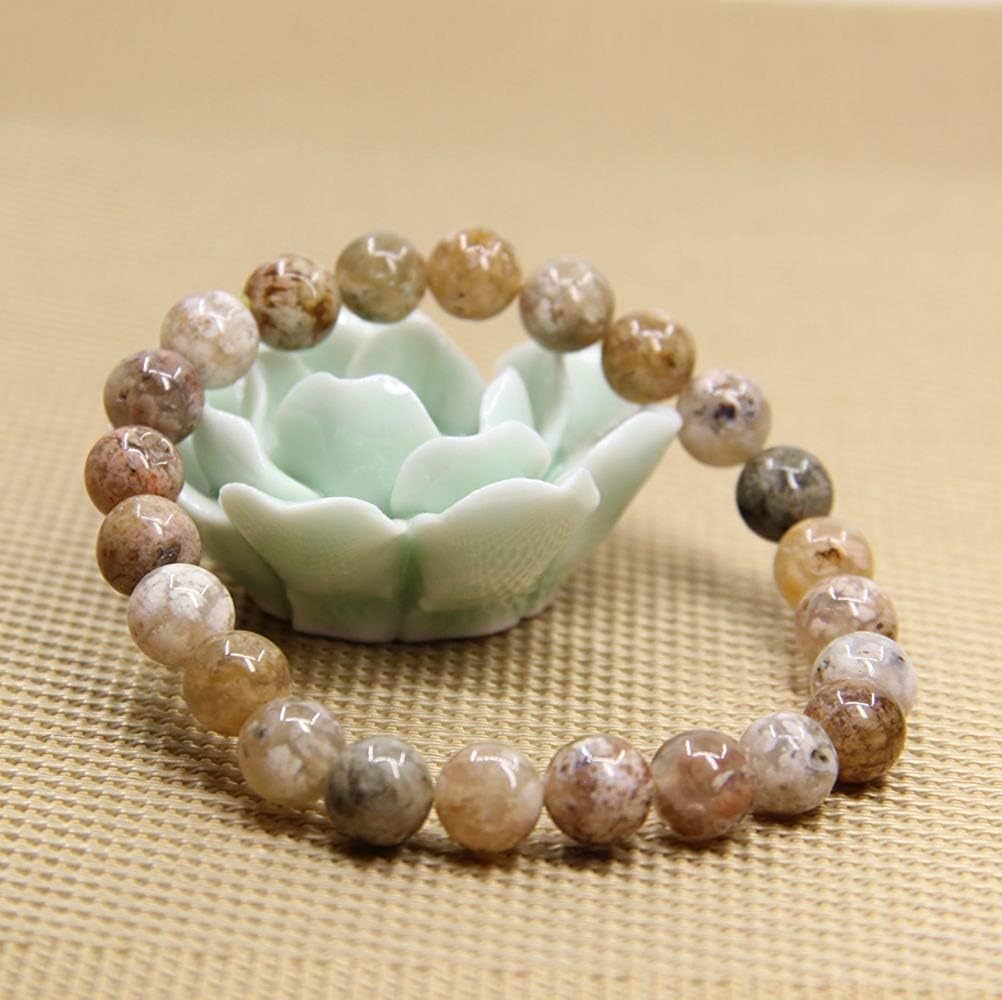 Pink Moss Agate Gem Semi Precious Gemstone 8mm Ball Beads Stretch Bracelet 7inch Unisex
