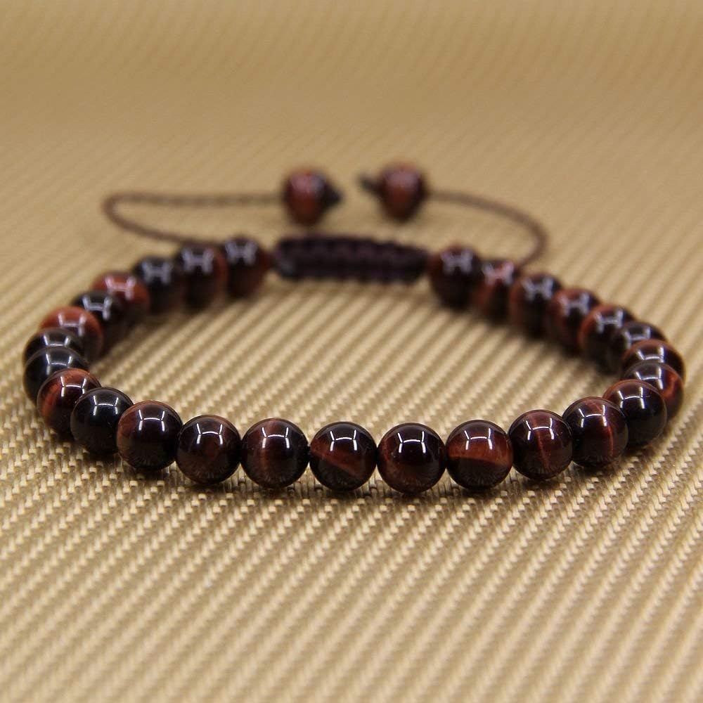 Natural AA Grade Red Tiger Eye Gemstone 6mm Round Beads Adjustable Bracelet 7inch Unisex