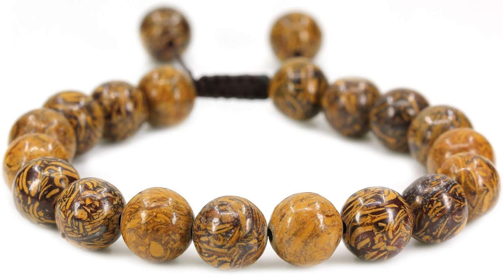 Angelstones Handmade Gemstone 10mm Tiger Skin Jasper Round Beads Adjustable Braided Macrame Tassels Chakra Reiki Bracelets 7-9 inch Unisex