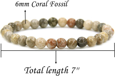 Angelstones Natural Coral Fossil Gemstone 6mm Round Beads Stretch Bracelet 7inch Unisex