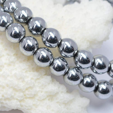 Metallic Silver Coated Hematite Gemstone 6mm Round Beads Stretch Bracelet 6.5inch Unisex