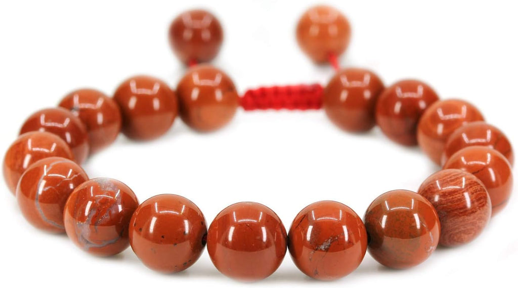 Angelstones Handmade Gemstone 10mm Red Jasper Round Beads Adjustable Braided Macrame Tassels Chakra Reiki Bracelets 7-9 inch Unisex
