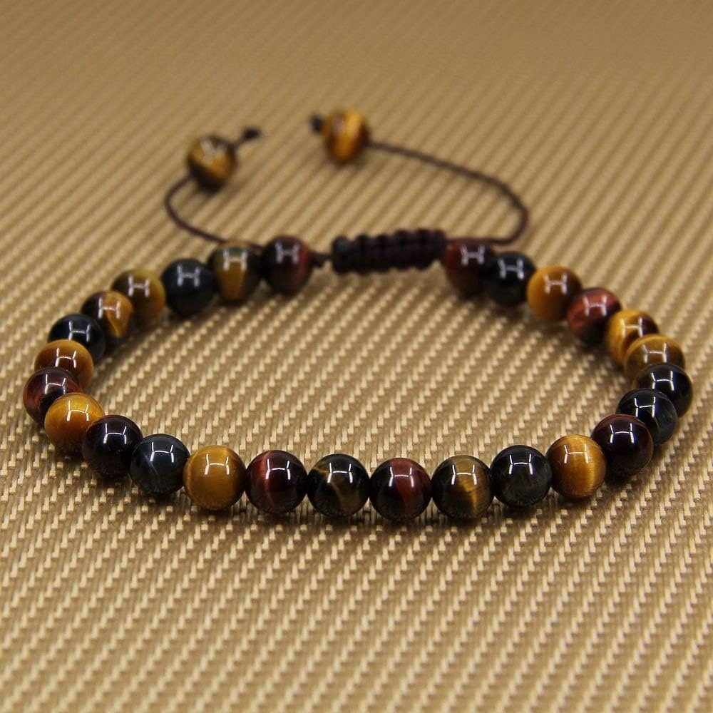 Natural AA Grade Multicolor Tiger Eye Gemstone 6mm Round Beads Adjustable Bracelet 7inch Unisex