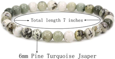 Natural Pine Turquoise Jsaper Gemstone 6mm Round Beads Stretch Bracelet 7inch Unisex