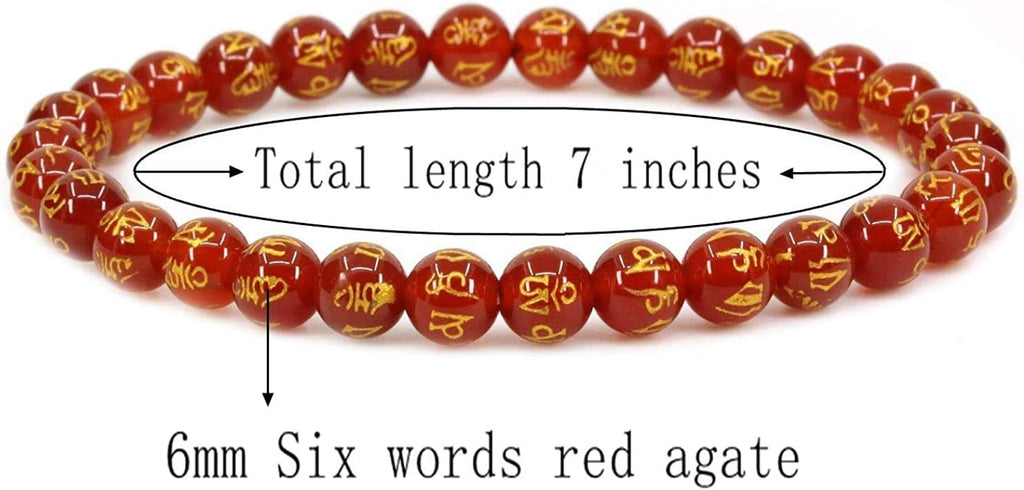Natural Six Words Red Agate Gemstone 6mm Round Beads Stretch Bracelet 7inch Unisex