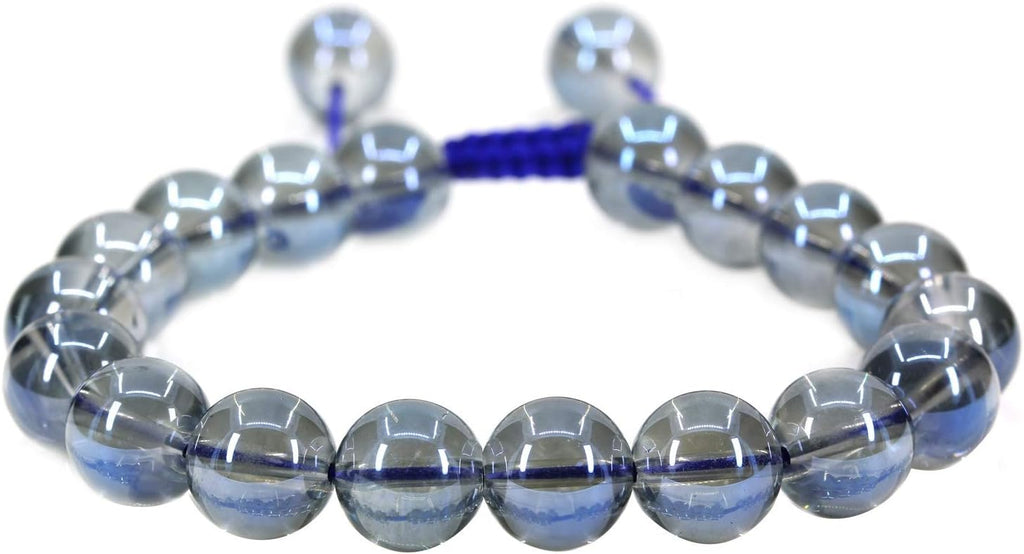 Angelstones Handmade Gemstone 10mm Aqua Blue Clear Quartz Round Beads Adjustable Braided Macrame Tassels Chakra Reiki Bracelets 7-9 inch Unisex