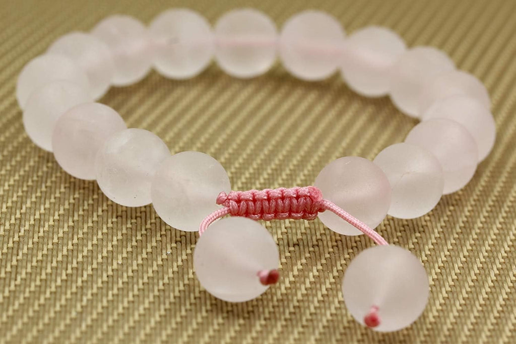 Angelstones Handmade Gemstone 10mm Matt Rose Quartz Round Beads Adjustable Braided Macrame Tassels Chakra Reiki Bracelets 7-9 inch Unisex