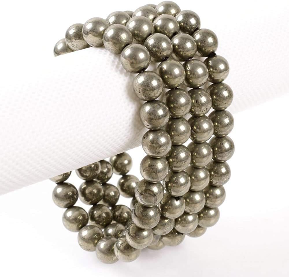 Angelstones Natural Pyrite Gemstone 8mm Round Beads Stretch Bracelet 7 Inch Unisex