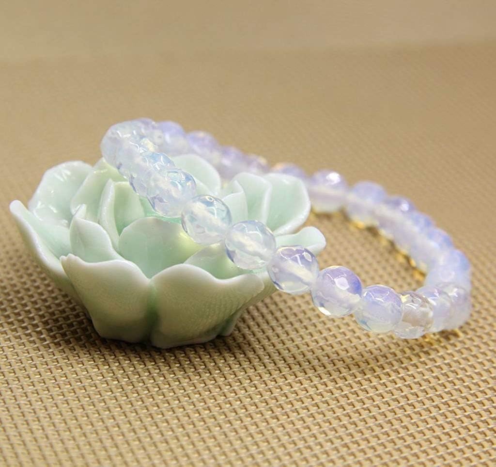 Faceted Opalite Glass Gem Semi Precious Gemstone 8mm Ball Beads Stretch Bracelet 7inch Unisex