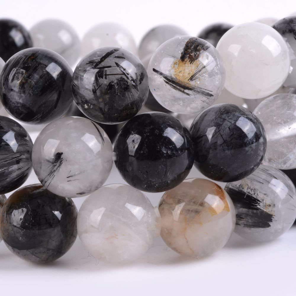 Natural Black Tourmaline Rutilated Quartz Gemstone 10mm Round Beads Stretch Bracelet 7inch Unisex