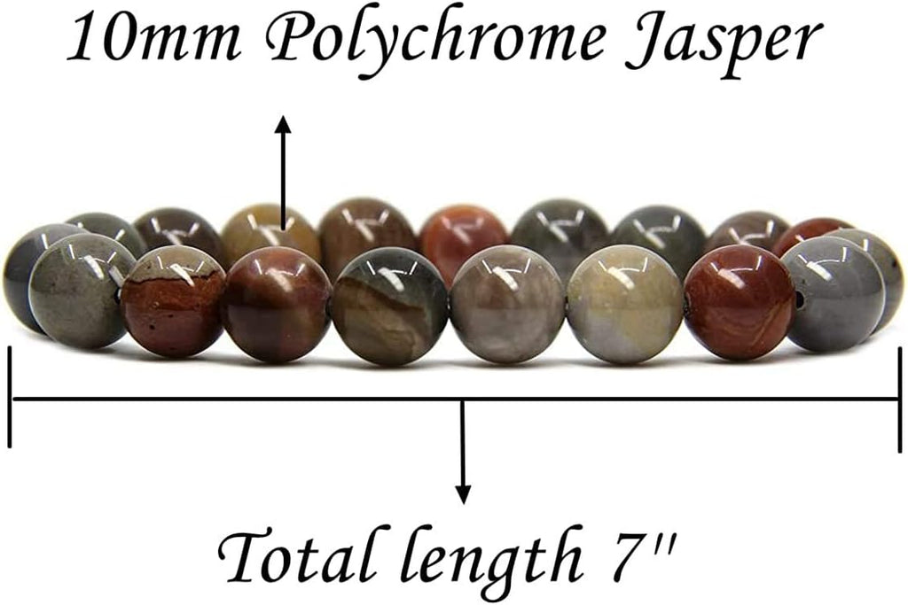 Angelstones Natural Polychrome Jasper Genuine Semi-Precious Gemstones Healing 10mm Beaded Stretch Bracelet 7inch Unisex