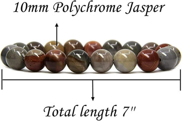 Angelstones Natural Polychrome Jasper Genuine Semi-Precious Gemstones Healing 10mm Beaded Stretch Bracelet 7inch Unisex