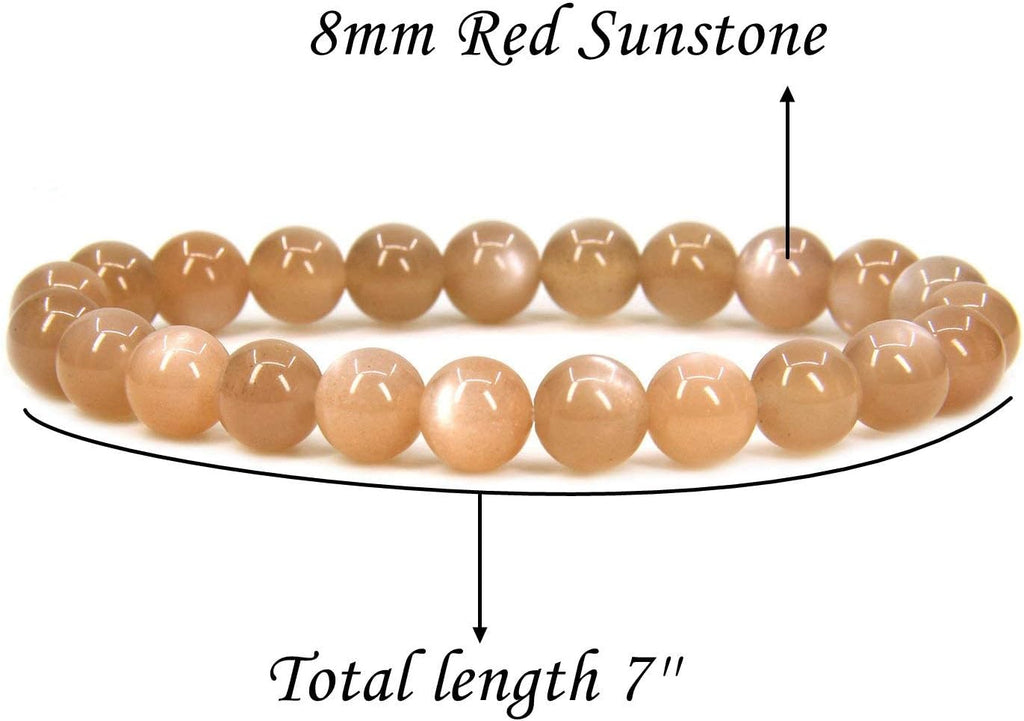 Angelstones Natural Red Sunstone 8mm Round Beads Stretch Bracelet 7inch Unisex