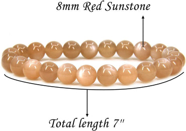 Angelstones Natural Red Sunstone 8mm Round Beads Stretch Bracelet 7inch Unisex