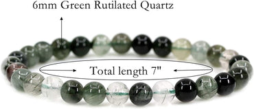 Natural Green Rutilated Quartz Gemstone 6mm Round Beads Stretch Bracelet 7inch Unisex