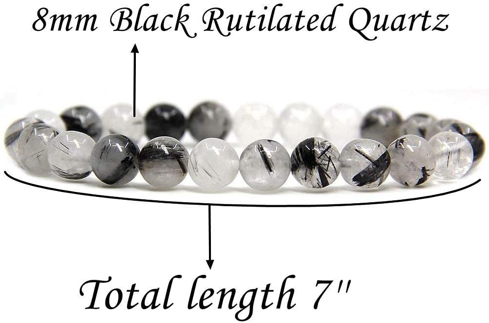 Natural A Grade Black Rutilated Quartz Crystal Gemstone 8mm Round Beads Stretch Bracelet 7inch Unisex
