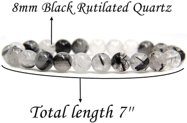 Natural A Grade Black Rutilated Quartz Crystal Gemstone 8mm Round Beads Stretch Bracelet 7inch Unisex
