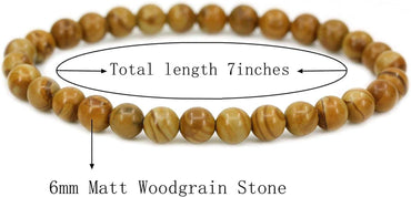 Natural Matt Woodgrain Stone Gemstone 6mm Round Beads Stretch Bracelet 7inch Unisex