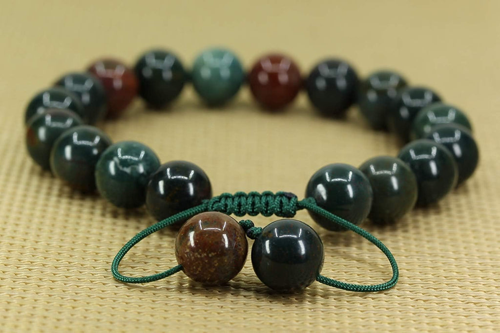 Angelstones Handmade Gemstone 10mm Green Bloodstone Heliotrope Round Beads Adjustable Braided Macrame Tassels Chakra Reiki Bracelets 7-9 inch Unisex