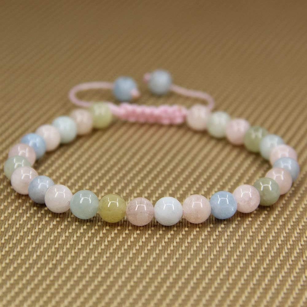 Natural Morganite Beryl Aquamarine Gemstone 6mm Round Beads Adjustable Bracelet 7inch Unisex