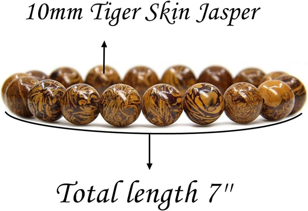 Angelstones Natural Tiger Skin Jasper Genuine Semi-Precious Gemstones Healing 10mm Beaded Stretch Bracelet 7inch Unisex