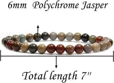 Angelstones Natural Polychrome Jasper Gemstone 6mm Round Beads Stretch Bracelet 7inch Unisex