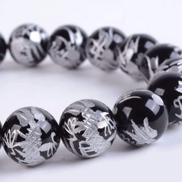 Angelstones Black Agate Silver Dragon Gemstone 10mm Round Beads Stretch Bracelet 7 Inch Unisex
