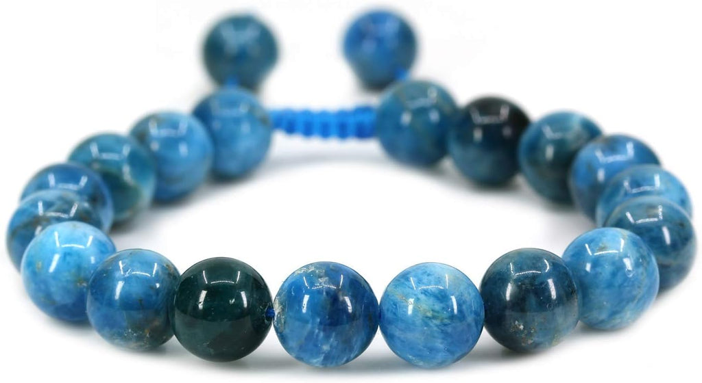 Angelstones Handmade Gemstone 10mm Blue Apatite Round Beads Adjustable Braided Macrame Tassels Chakra Reiki Bracelets 7-9 inch Unisex