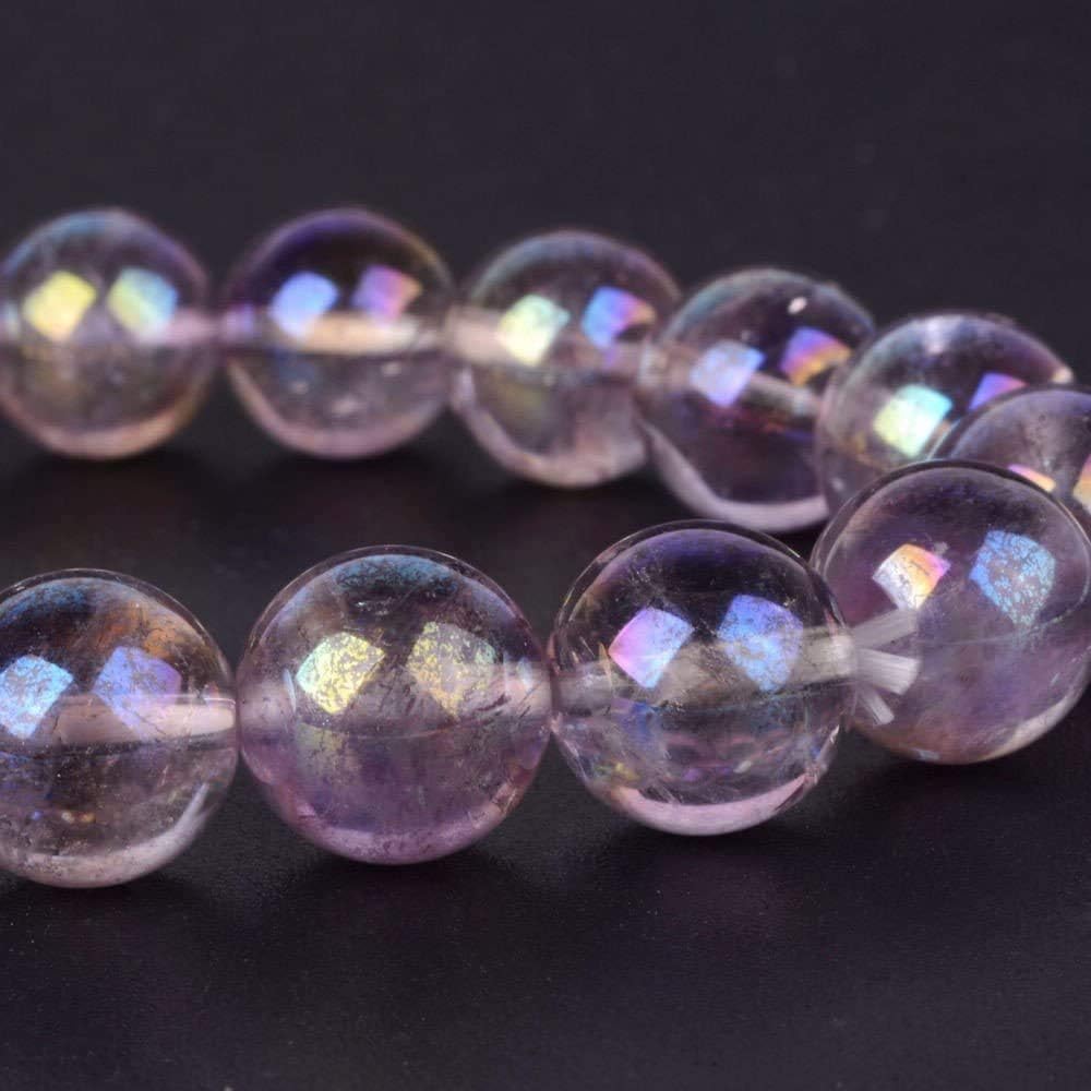 Rainbow Coated Lilac Amethyst Gemstone 10mm Round Beads Stretch Bracelet 7inch Unisex