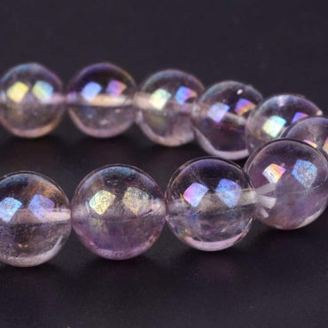 Rainbow Coated Lilac Amethyst Gemstone 10mm Round Beads Stretch Bracelet 7inch Unisex