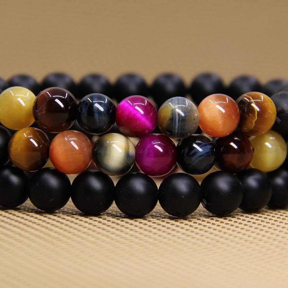 Natural Matt Black Agate and Mixed Tiger Eye Gemstone 8mm Round Beads Stretch Bracelet 7inch Unisex
