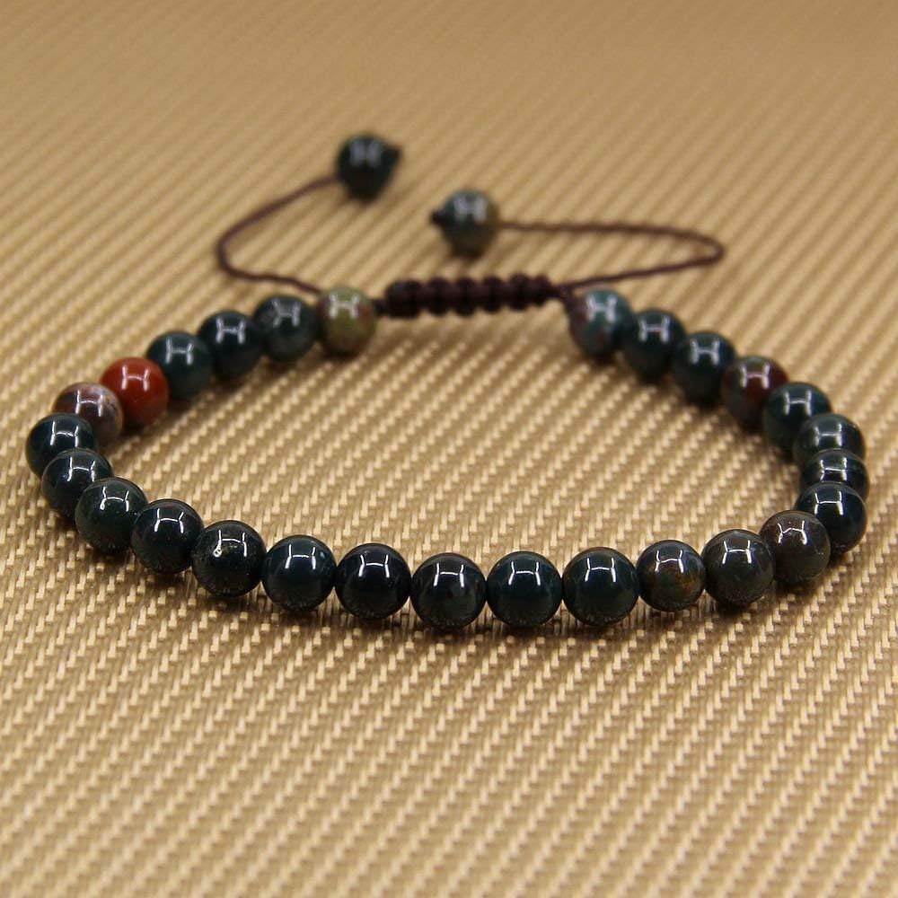 Natural Green Bloodstone Heliotrope Gemstone 6mm Round Beads Adjustable Bracelet 7inch Unisex