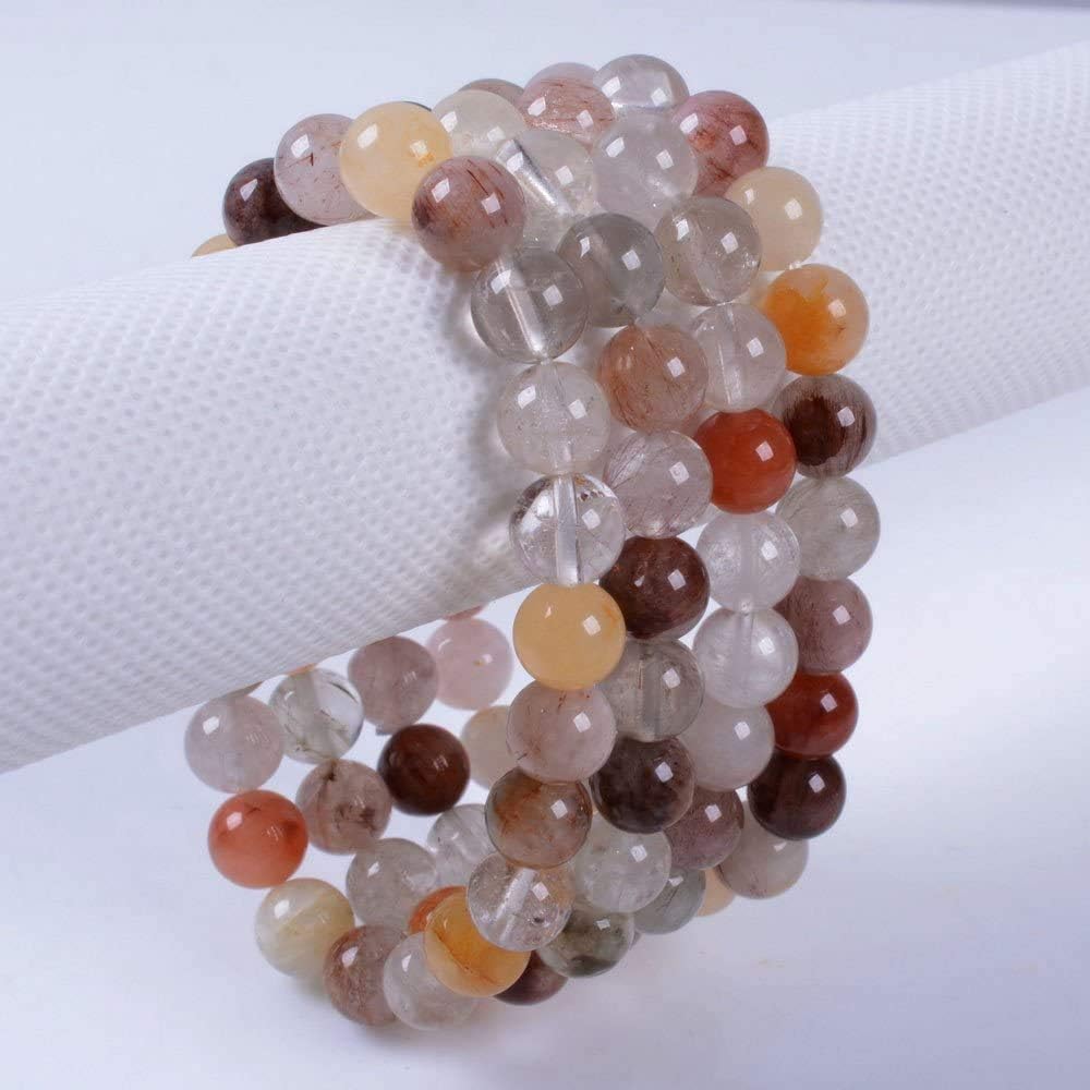 Natural Multicolor Rutilated Quartz Gemstone 8mm Round Beads Stretch Bracelet 7 Inch Unisex