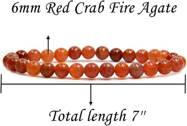 Angelstones Natural Red Crab Fire Agate Gemstone 6mm Round Beads Stretch Bracelet 7inch Unisex