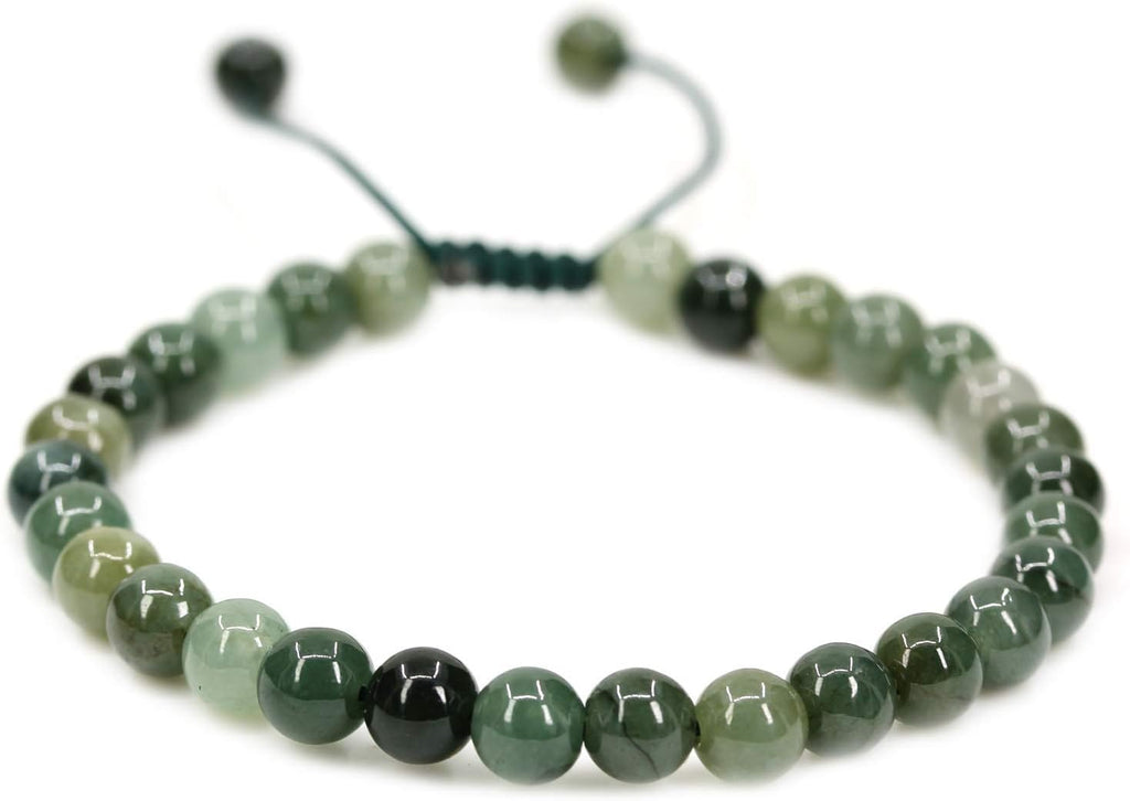 Angelstones Handmade Gemstone 6mm Dark Green Jade Round Beads Adjustable Braided Macrame Tassels Chakra Reiki Bracelets 7-9 inch Unisex