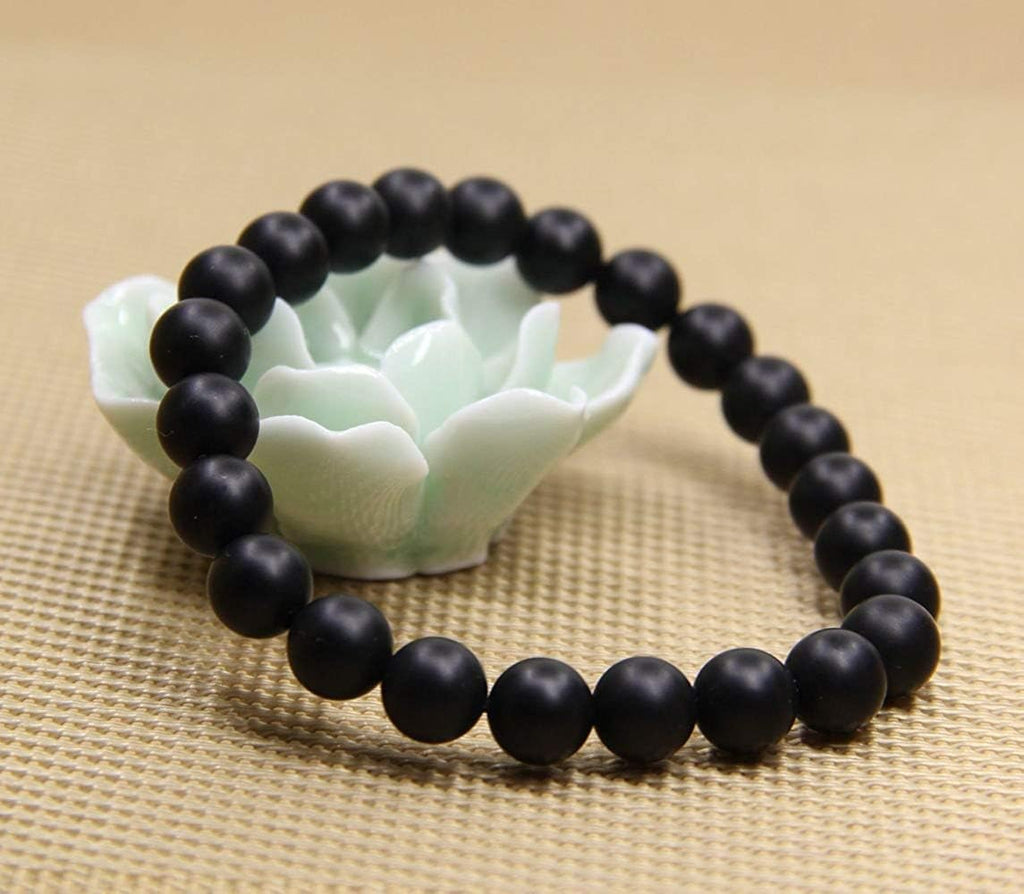 Natural Matt Black Agate Handmade Gemstone 8mm Round Beads Elastic Bracelet 7inch Unisex