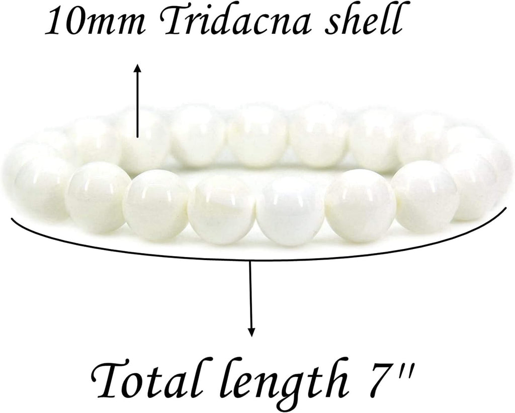 Angelstones Natural Tridacna Shell Genuine Semi-Precious Gemstones Healing 10mm Beaded Stretch Bracelet 7inch Unisex