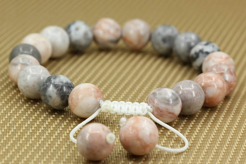 Angelstones Handmade Gemstone 10mm Pink Zebra Jasper Round Beads Adjustable Braided Macrame Tassels Chakra Reiki Bracelets 7-9 inch Unisex