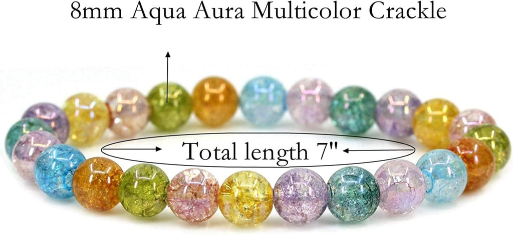 Natural Aqua Aura Multicolor Crackle Quartz Gemstone 8mm Round Beads Stretch Bracelet 7inch Unisex