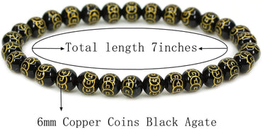 Natural Copper Coins Black Agate Gemstone 6mm Round Beads Stretch Bracelet 7inch Unisex