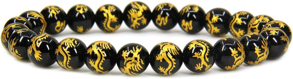 Angelstones Natural Gold Dragon Black Agate 8mm Round Beads Stretch Bracelet 7inch Unisex