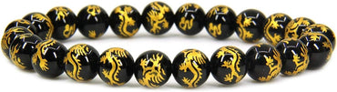 Angelstones Natural Gold Dragon Black Agate 8mm Round Beads Stretch Bracelet 7inch Unisex