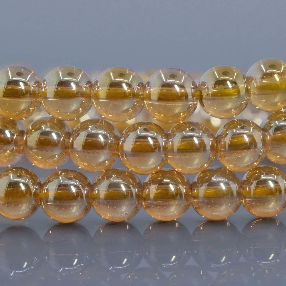 Coated Champagne Gold Quartz Gemstone 6mm Round Beads Stretch Bracelet 6.5inch
