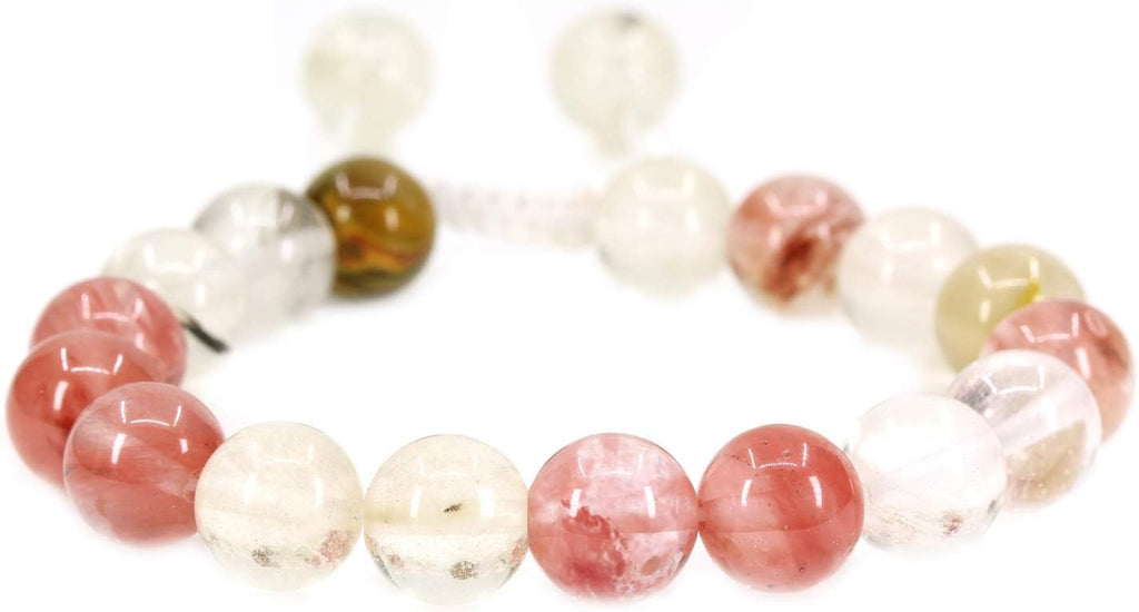 Angelstones Handmade Gemstone 10mm Synthetic Volcano Cherry Quartz Round Beads Adjustable Braided Macrame Tassels Chakra Reiki Bracelets 7-9 inch Unisex