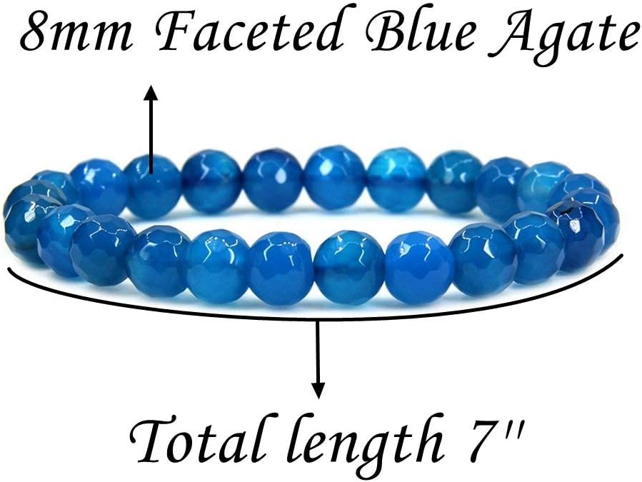 Natural Faceted Blue Agate Gemstone 8mm Round Beads Stretch Bracelet 7inch Unisex