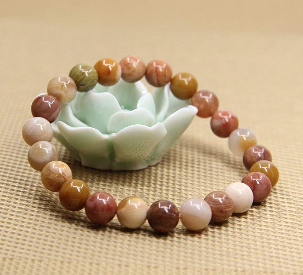 Red Petrified Wood Jade Gem Semi Precious Gemstone 8mm Ball Beads Stretch Bracelet 7inch Unisex